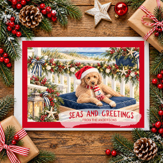 Cartão De Festividades Natal à Beira-Mar Golden Doodle de Natal