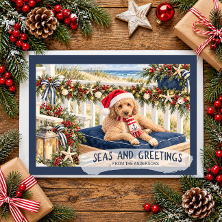 Cartão De Festividades Natal à Beira-Mar Golden Doodle de Natal