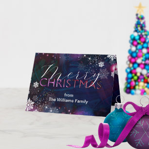 Cartão De Festividades Natal Abstrato de Natal Azul Magenta Floco de Neve