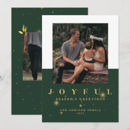 Cartão De Festividades Natal alegre em verde e dourado com duas fotos
