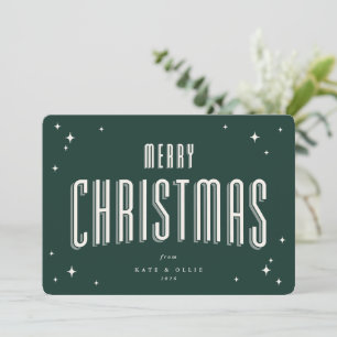 Cartão De Festividades Natal Alegre Estrelas Retro Verde Escuro Plano