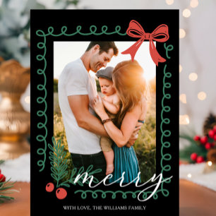 Cartão De Festividades Natal Alegre Preto Vermelho Verde Desenhado à Mão