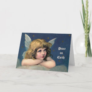 Cartão De Festividades Natal Antigo, Anjo Lindo com Estrelas Douradas