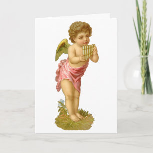 Cartão De Festividades Natal Antigo, Anjo Músico com Flauta de Pã
