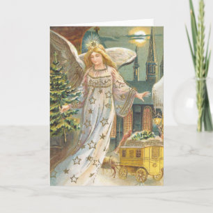 Cartão De Festividades Natal Antigo, Anjo Vitoriano com Árvore