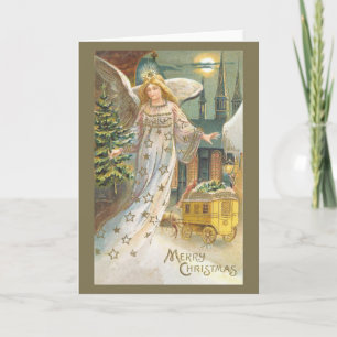 Cartão De Festividades Natal Antigo, Anjo Vitoriano com Árvore