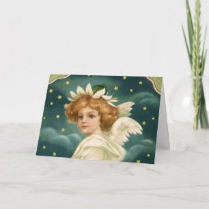 Cartão De Festividades Natal Antigo, Anjo Vitoriano com Estrelas Douradas