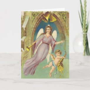Cartão De Festividades Natal Antigo, Anjo Vitoriano com Querubim