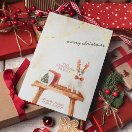 Cartão De Festividades Natal Antigo Aquarela Cachorro Minimalista
