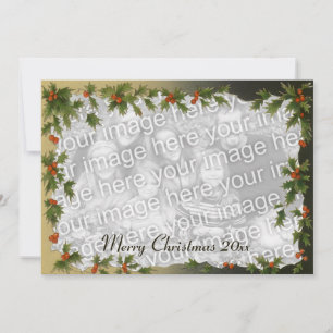 Cartão De Festividades Natal Antigo, Bordas de Azevinho com Frutas Vermel