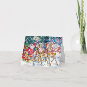 Cartão De Festividades Natal Antigo Com Papai Noel E Cavalos