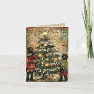 Cartão De Festividades Natal Antigo Crianças Decorando Árvore