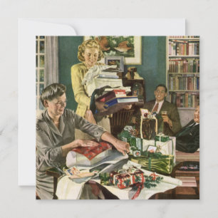 Cartão De Festividades Natal Antigo, Família Feliz Envolvendo Presentes