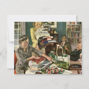 Cartão De Festividades Natal Antigo, Família Feliz Envolvendo Presentes