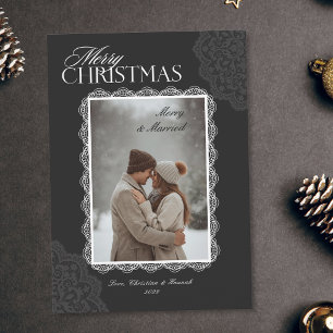 Cartão De Festividades Natal Antigo Feliz Branco Renda Merry & Casados