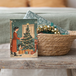 Cartão De Festividades Natal Antigo Mãe e Filho Decoram Árvore