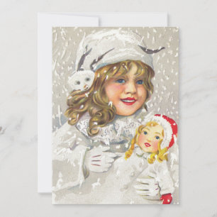 Cartão De Festividades Natal Antigo Menina Vitoriana com Boneca na Neve