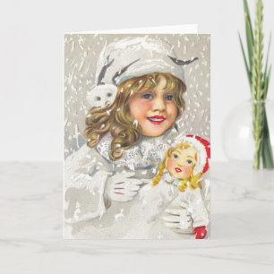Cartão De Festividades Natal Antigo Menina Vitoriana com Boneca na Neve