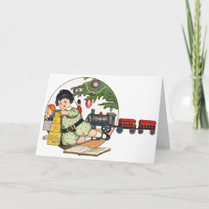 Cartão De Festividades Natal Antigo, Menino Feliz Brincando com Brinquedo