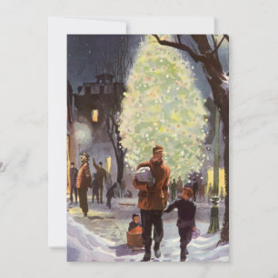 Cartão De Festividades Natal Antigo, Pai Fazendo Compras com as Crianças