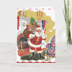 Cartão De Festividades Natal Antigo, Papai Noel Alegre com Presentes