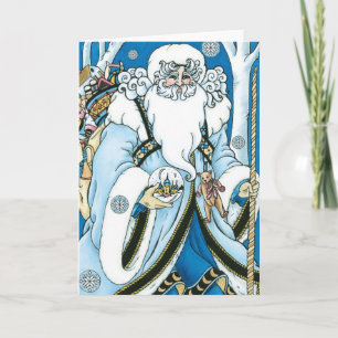 Cartão De Festividades Natal Antigo, Papai Noel Azul com Globo de Neve