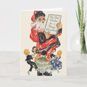 Cartão De Festividades Natal Antigo Papai Noel e Crianças Dançam