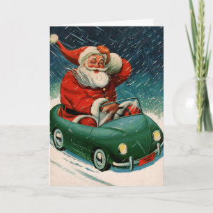 Cartão De Festividades Natal Antigo, Papai Noel num Carro Fofo