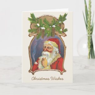 Cartão De Festividades Natal Antigo, Papai Noel Vitoriano com Cachimbo