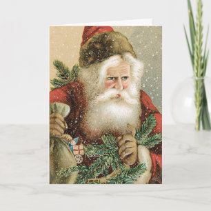 Cartão De Festividades Natal Antigo, Papai Noel Vitoriano com Pinheiro
