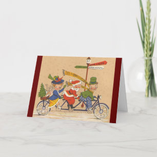 Cartão De Festividades Natal Antigo, Papai Noel Vitoriano de Bicicleta