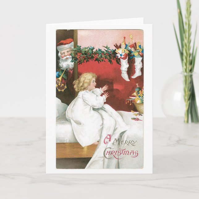 Cartão De Festividades Natal antigo, Papais noeis e Menina (Frente)