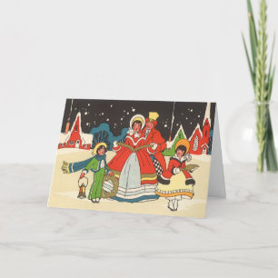 Cartão De Festividades Natal Antigo, uma Família Cantando Músicas de Nata