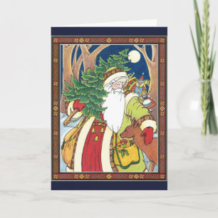 Cartão De Festividades Natal Antigo, Veado do Papai Noel na Floresta