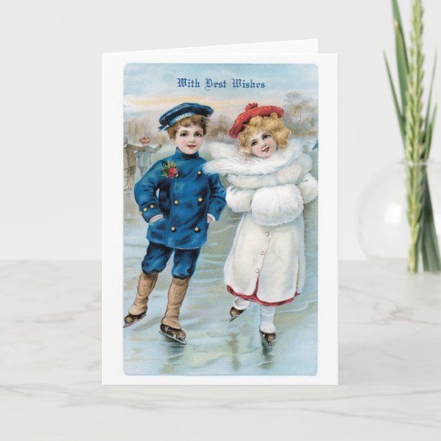 Cartão De Festividades Natal antiquado, pista de patinação (Frente)