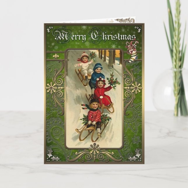 Cartão De Festividades Natal - As crianças descem a colina num trenó. (Frente)