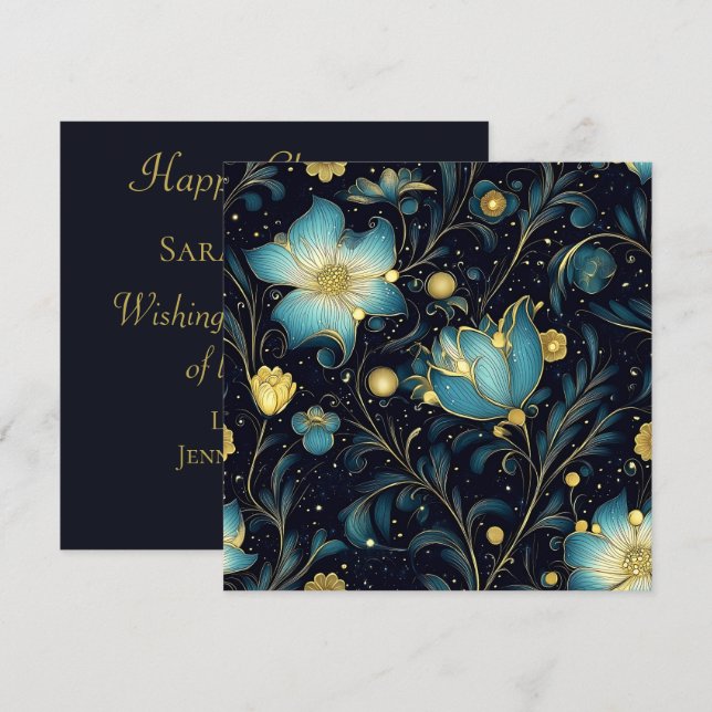 Cartão De Festividades Natal azul e Dourado da meia-noite (Frente/Verso)