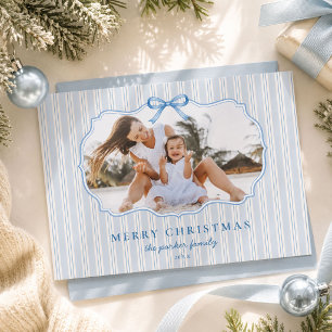 Cartão De Festividades Natal Azul Preppy com Listras de Ticking para Foto