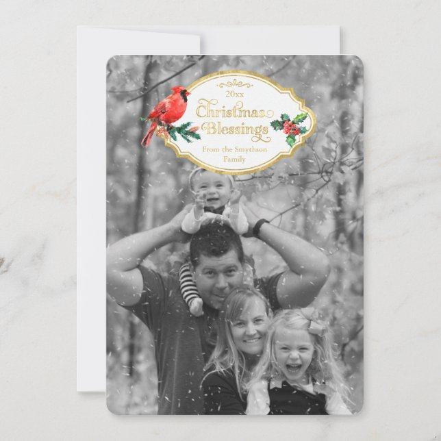 Cartão De Festividades Natal Bençãos Cardeal Holly Tree Feriado (Frente)