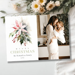 Cartão De Festividades Natal Berry Poinsettia Fauna Watercolor Foto