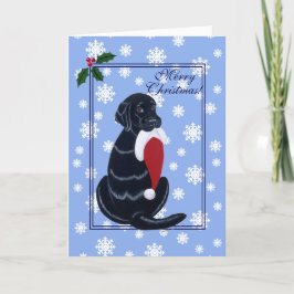 Cartão De Festividades Natal Black Labrador & Santa Hat Floco