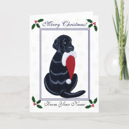 Cartão De Festividades Natal Black Labrador & Santa Hat Floco