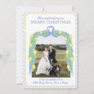 Cartão De Festividades Natal Blue Gingham Garland One Photo Vintage