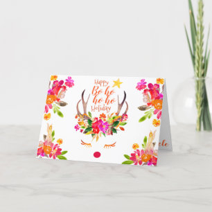 Cartão De Festividades Natal Boho Rena de Nariz Vermelho Floral Aquarela