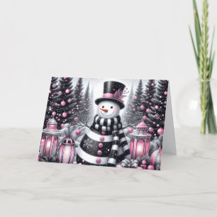 Cartão De Festividades Natal Boneco de Neve Rosa e Preto Bonito