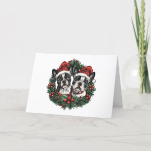 Cartão De Festividades Natal Boston Terrier Cães Coroa de Natal