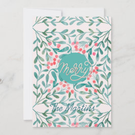 Cartão De Festividades Natal Botânico em Vermelho e Verde com Letra à Mão