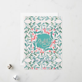 Cartão De Festividades Natal Botânico em Vermelho e Verde com Letra à Mão