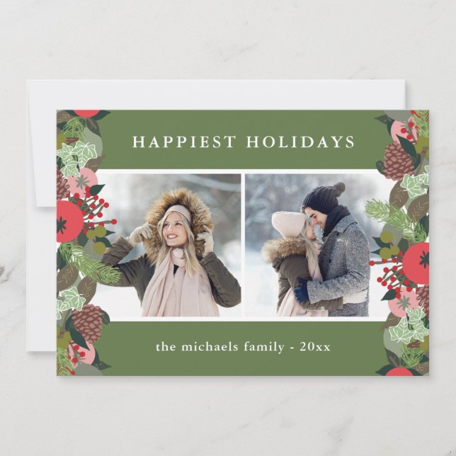 Cartão De Festividades Natal Botânico Natal Verde Natal Dois Foto (Frente)