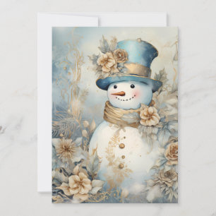 Cartão De Festividades Natal Branco Azul Dourado Homem de Neve Vintage